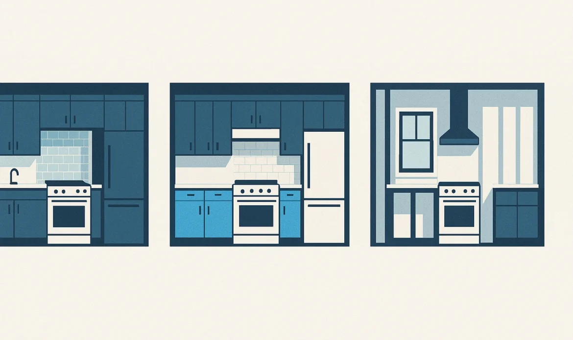 Illustration of three kitchen elevations showing cosmetic, pull and replace, and full gut scopes.