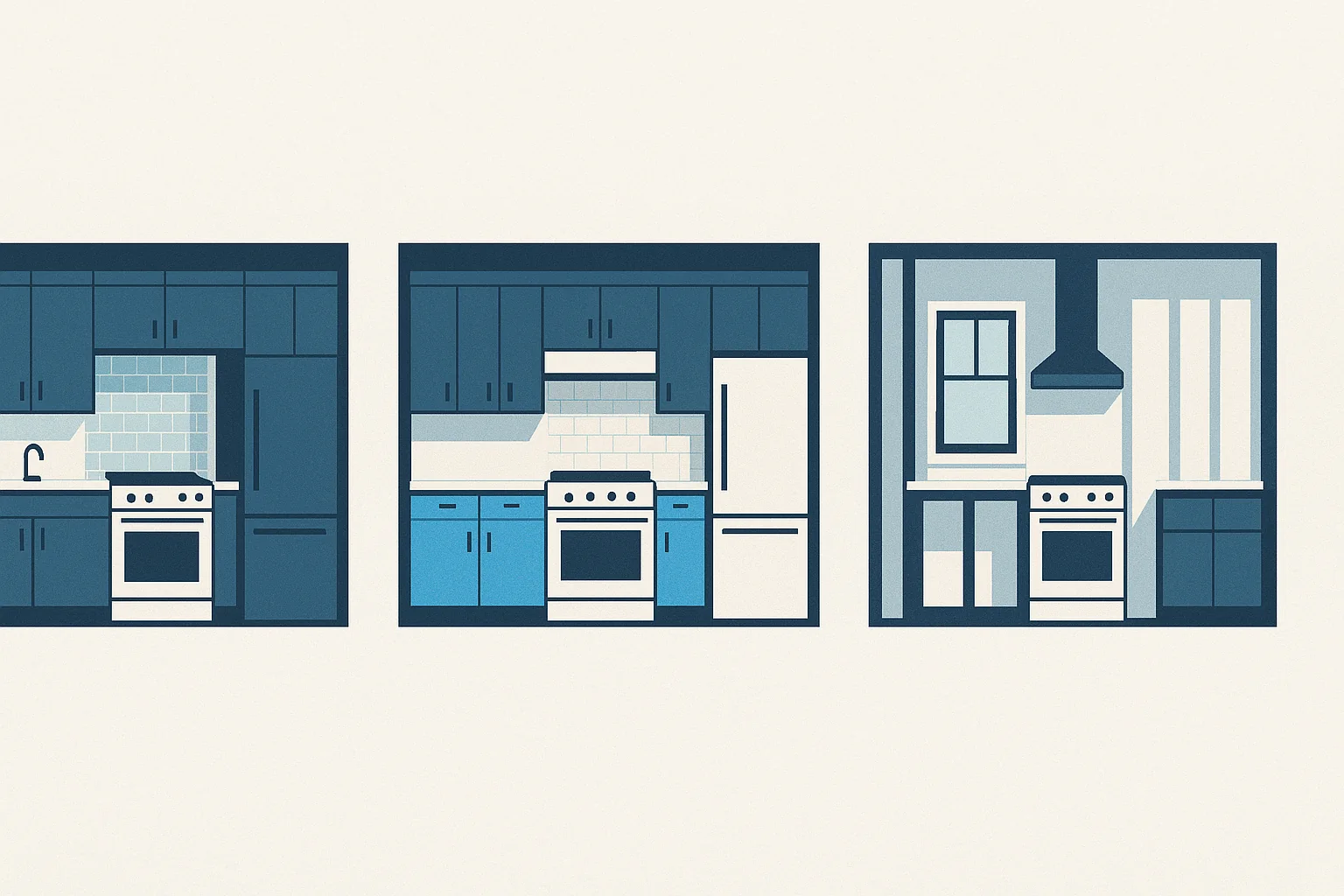 Illustration of three kitchen elevations showing cosmetic, pull and replace, and full gut scopes.