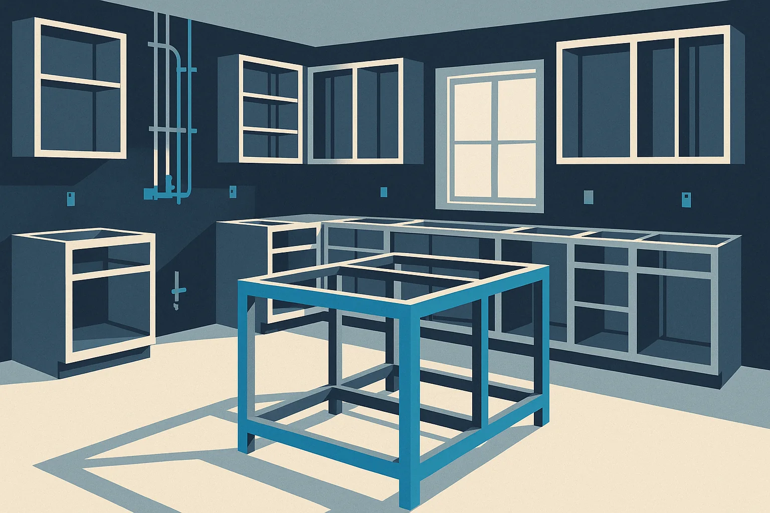 Illustration of a kitchen under renovation with unfinished cabinet boxes, exposed rough in, and an island frame.
