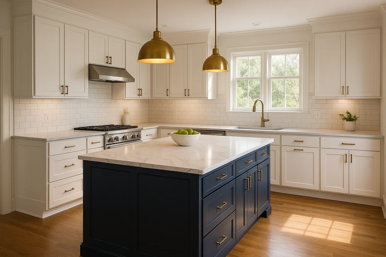 Renovated kitchen with white shaker cabinets, navy island with quartz countertop, and pendant lighting