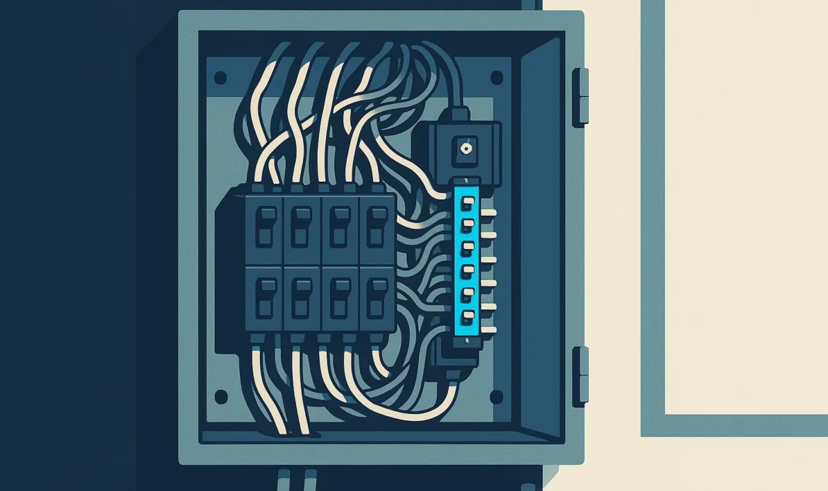 Illustration of a dated panel interior with cloth wiring, an undersized bus, and crowded conductors.