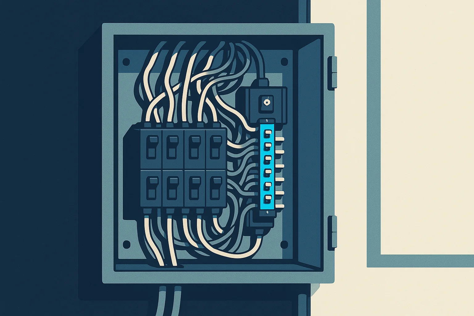 Illustration of a dated panel interior with cloth wiring, an undersized bus, and crowded conductors.
