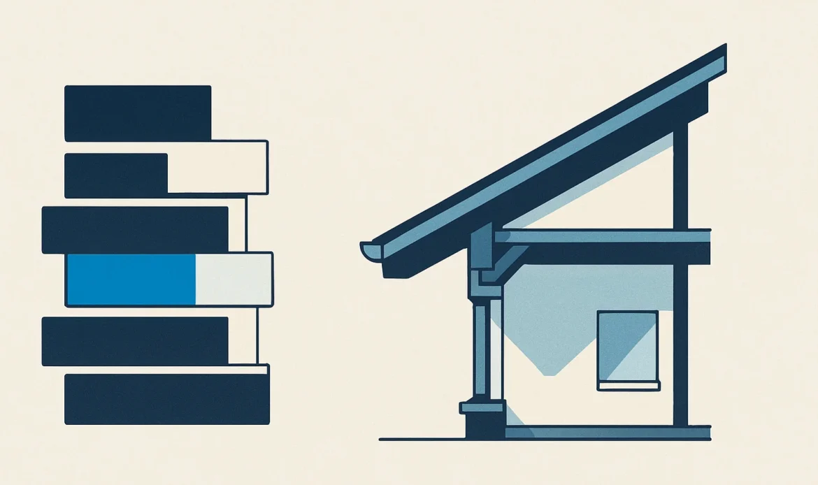 Illustration of a central coordination node connected to roofing, mechanical, plumbing, and electrical building elements.