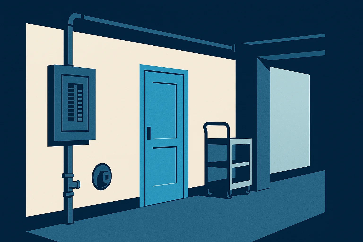 Illustration of a service corridor showing an electrical subpanel, plumbing cleanout, filt - Transit & Flow Group Illustration of a service corridor showing an electrical subpanel, plumbing cleanout, filter access door, and equipment cart.