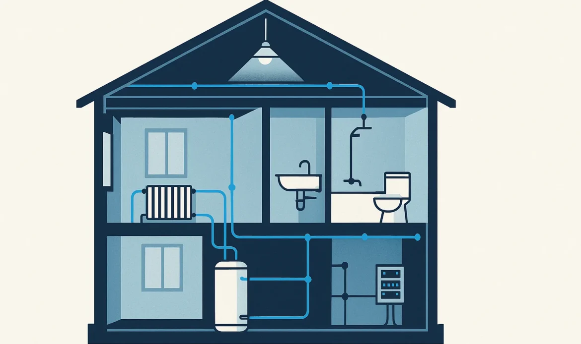Illustration of a house cross section with heating, plumbing, and electrical systems highlighted in one view.