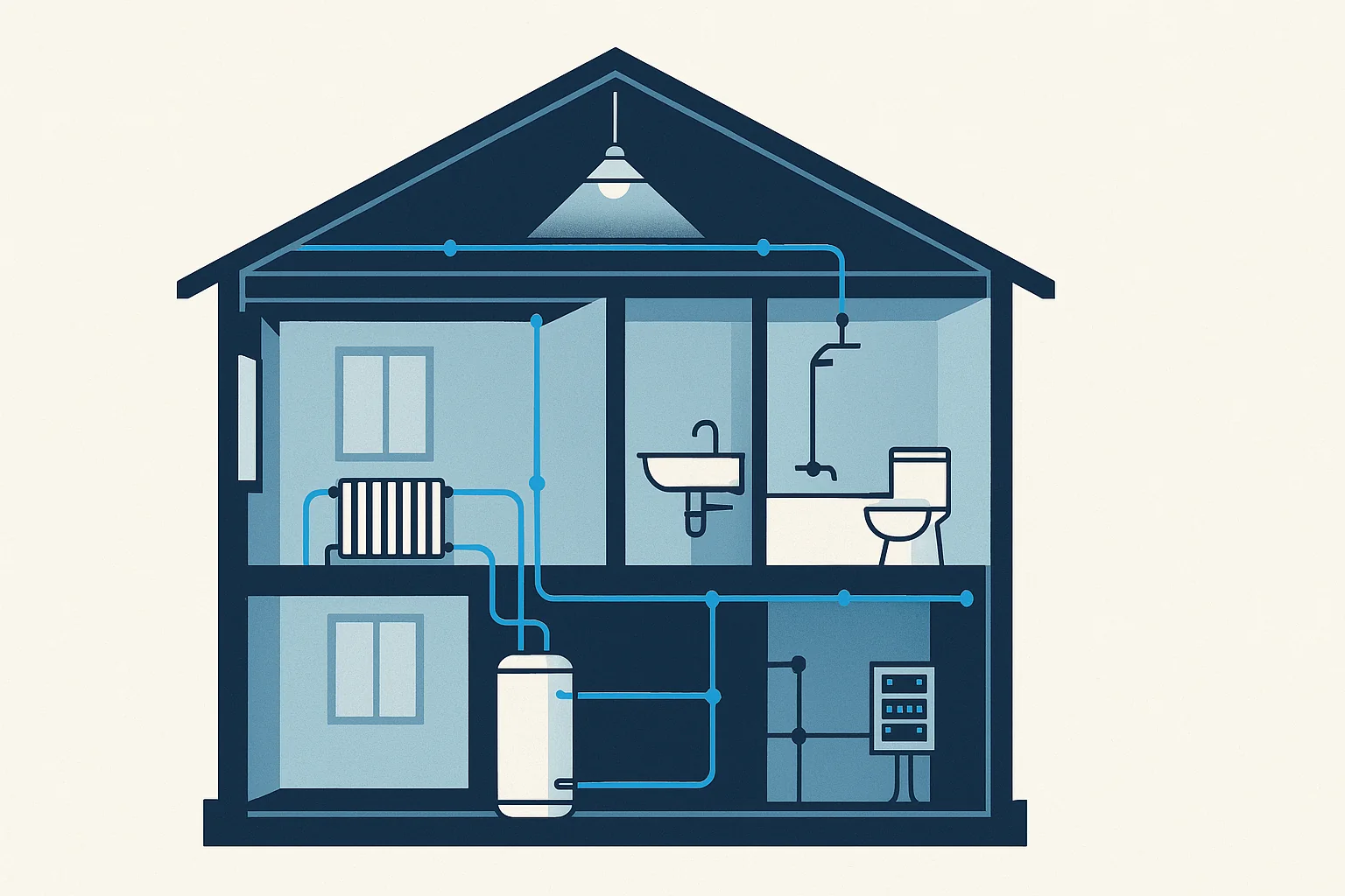 Illustration of a house cross section with heating, plumbing, and electrical systems highlighted in one view.