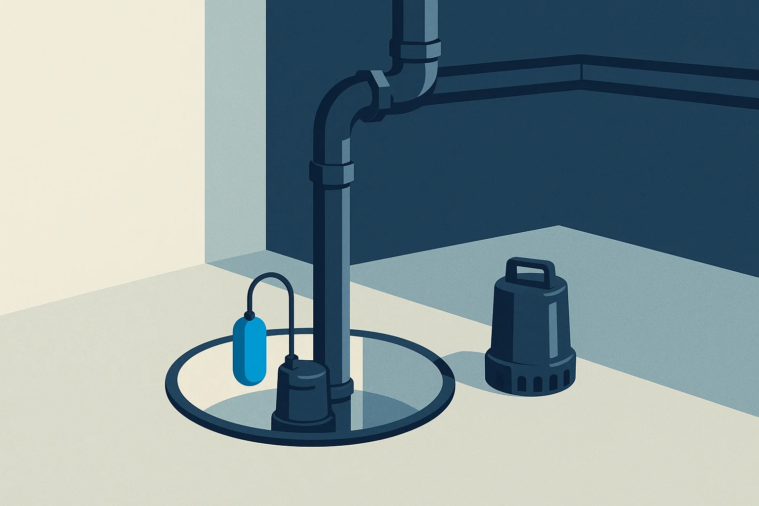 Illustration of a basement sump basin with float switch, check valve, discharge pipe, and a backup pump nearby.