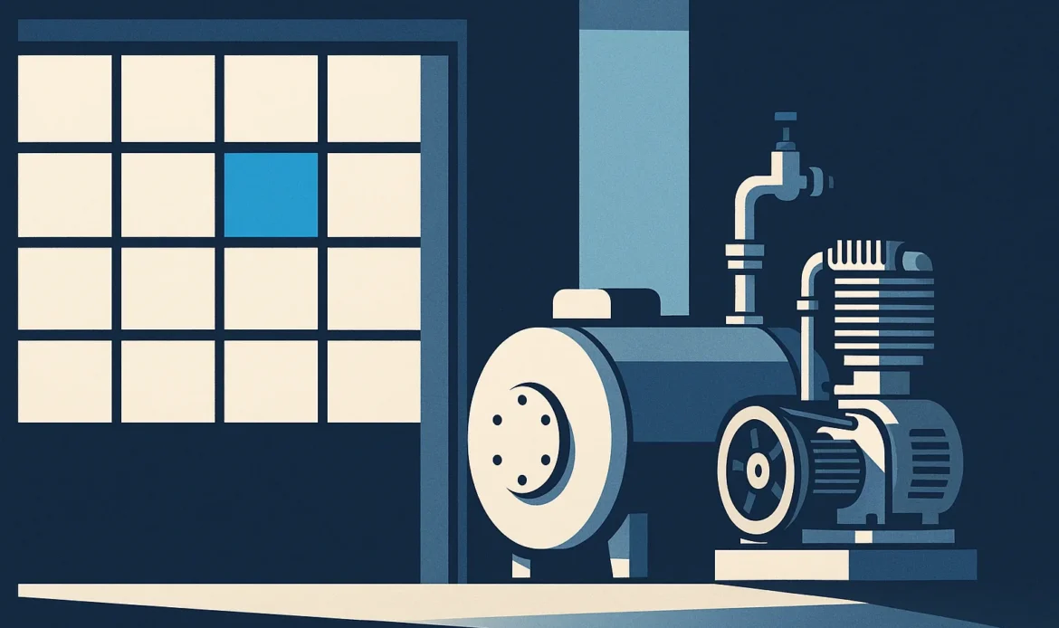 Illustration of a recurring calendar grid abstracted into blocks beside well maintained mechanical equipment.