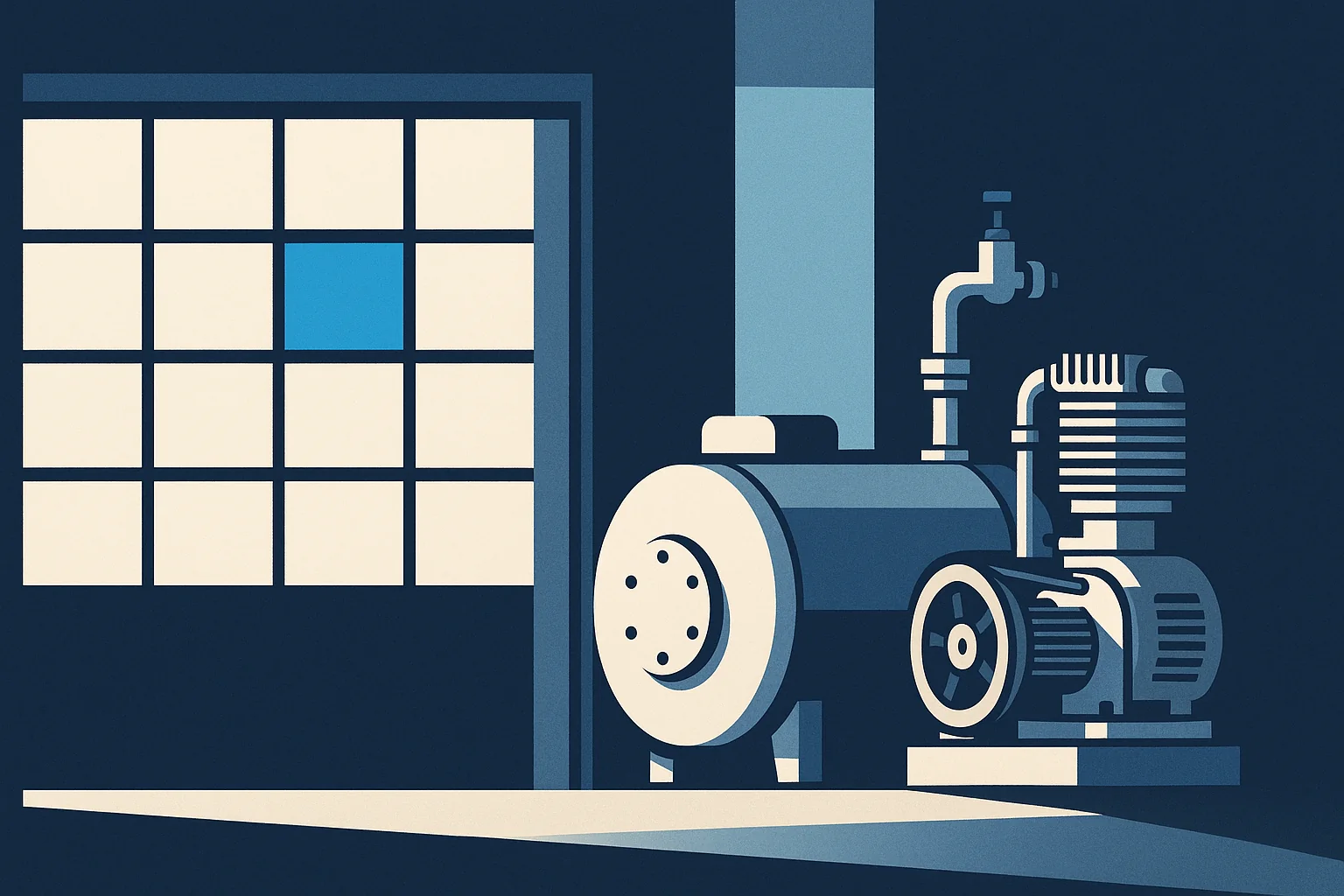 Illustration of a recurring calendar grid abstracted into blocks beside well maintained mechanical equipment.
