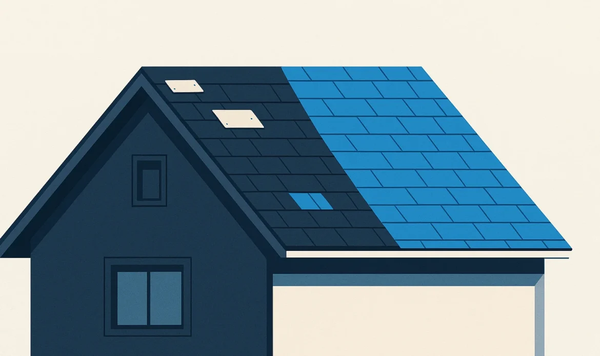 Illustration of a roof plane split between a patched repair on one half and full replacement on the other.