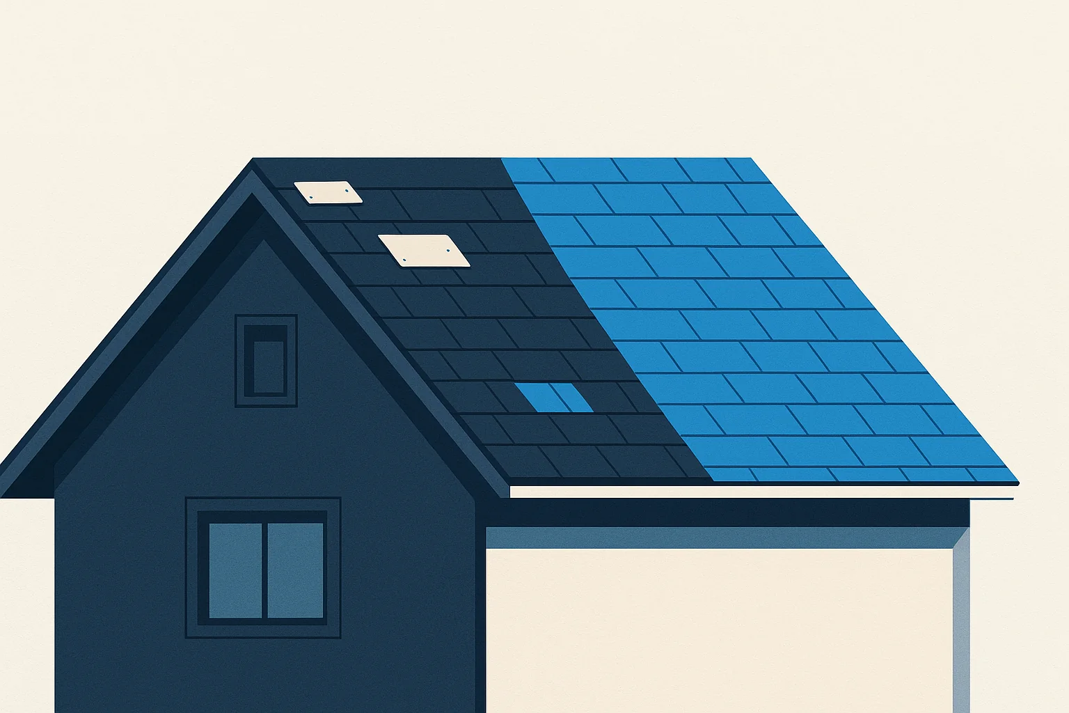 Illustration of a roof plane split between a patched repair on one half and full replacement on the other.