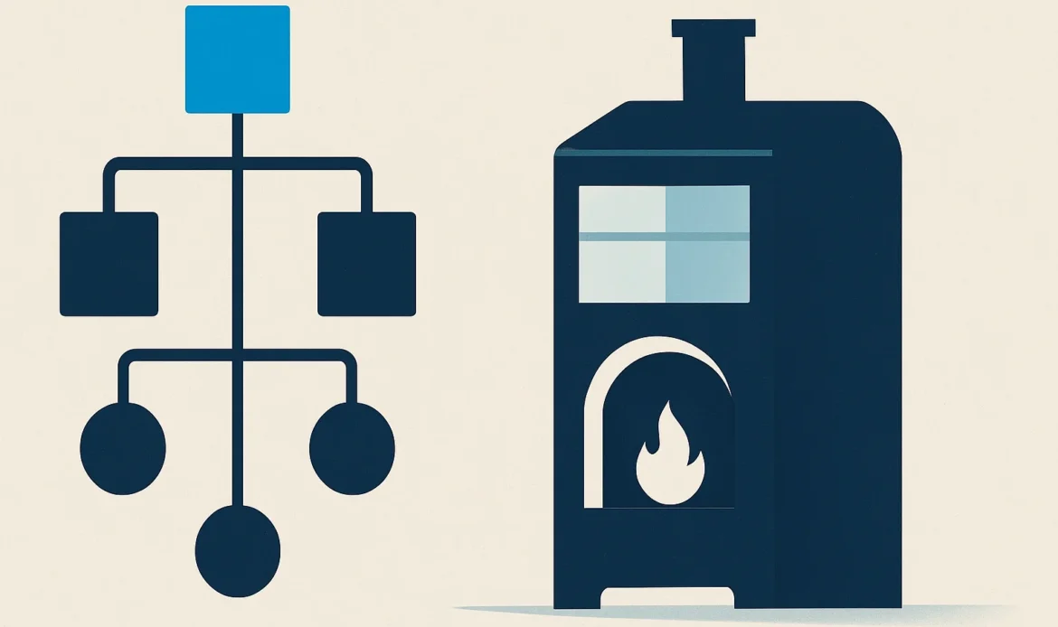 Illustration of a decision tree of connected geometric nodes beside a furnace silhouette.