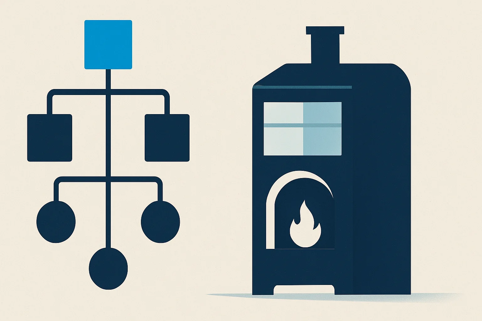 Illustration of a decision tree of connected geometric nodes beside a furnace silhouette.