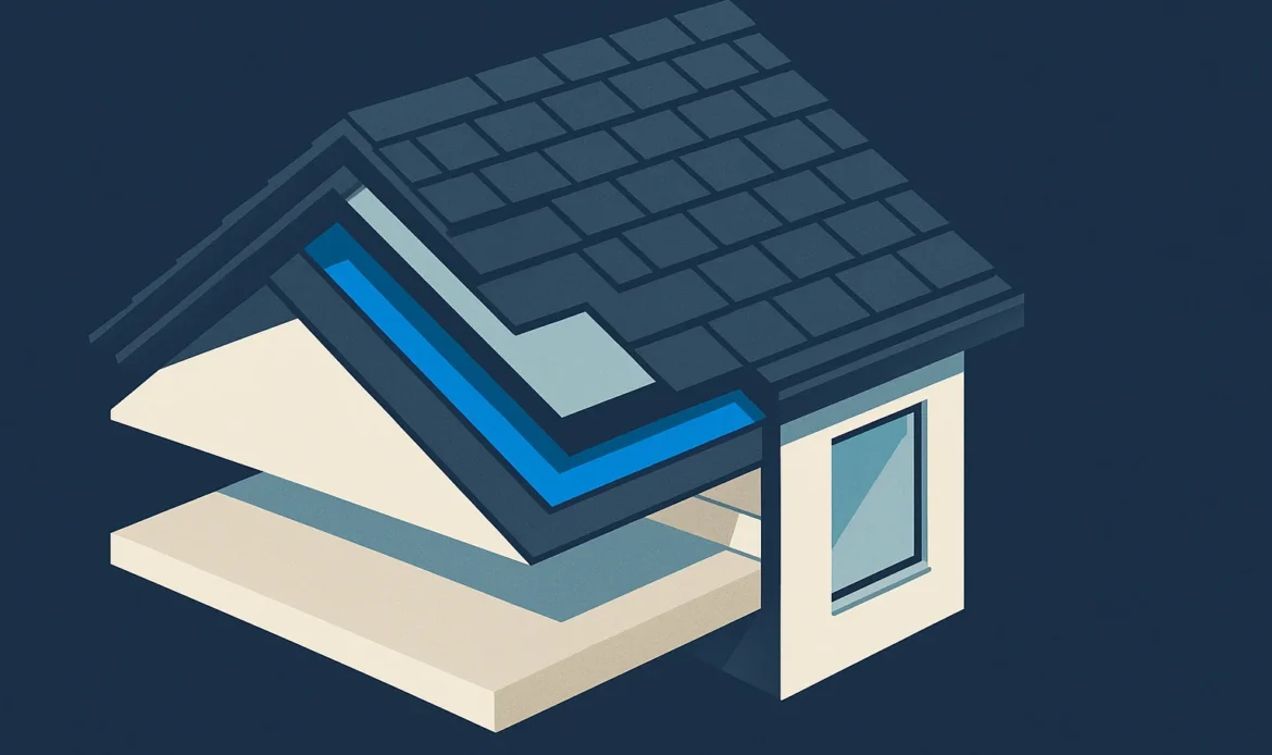 Illustration of a layered roof assembly cutaway showing deck, underlayment, ice and water shield, flashing, and shingles.