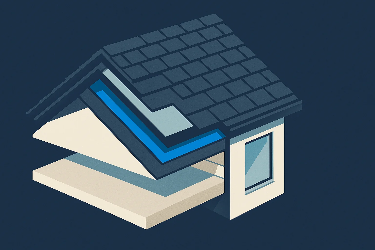 Illustration of a layered roof assembly cutaway showing deck, underlayment, ice and water shield, flashing, and shingles.