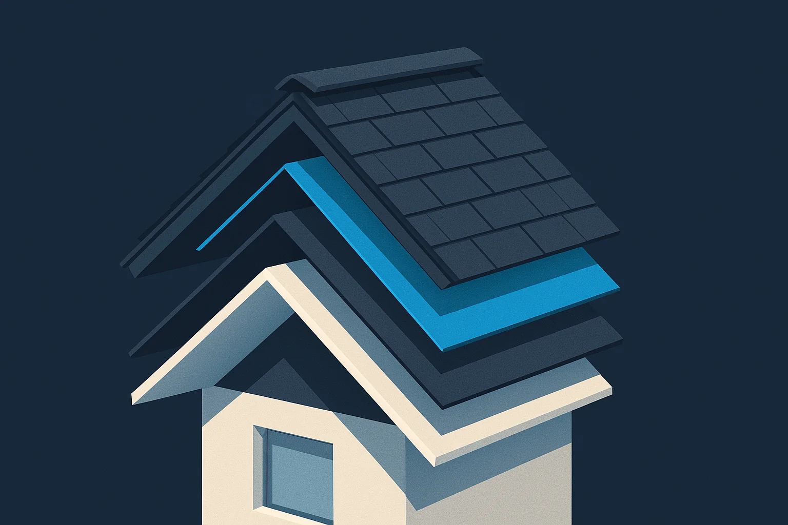Illustration of a layered roof cutaway showing sheathing, ice membrane, underlayment, shingles, and a ridge vent.