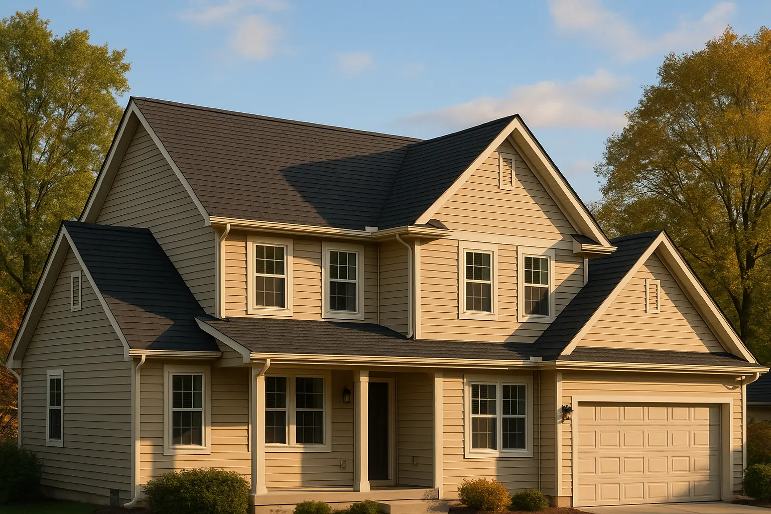 Two-story suburban home with new charcoal architectural asphalt shingle roof