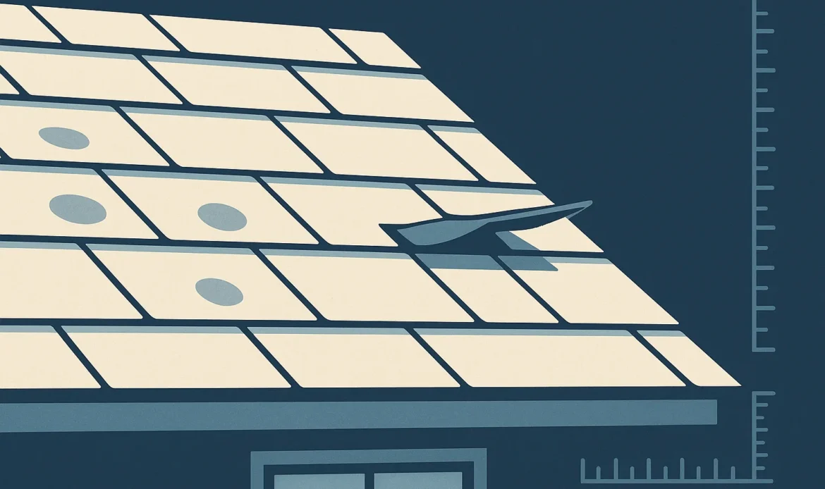Illustration of a roof slope with hail bruising and lifted shingle tabs beside measurement scales.