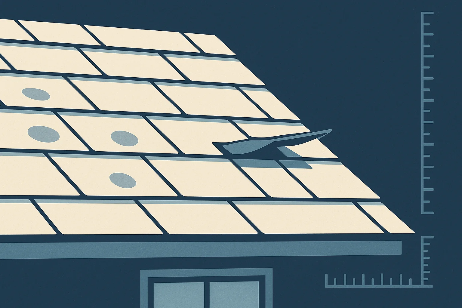 Illustration of a roof slope with hail bruising and lifted shingle tabs beside measurement scales.
