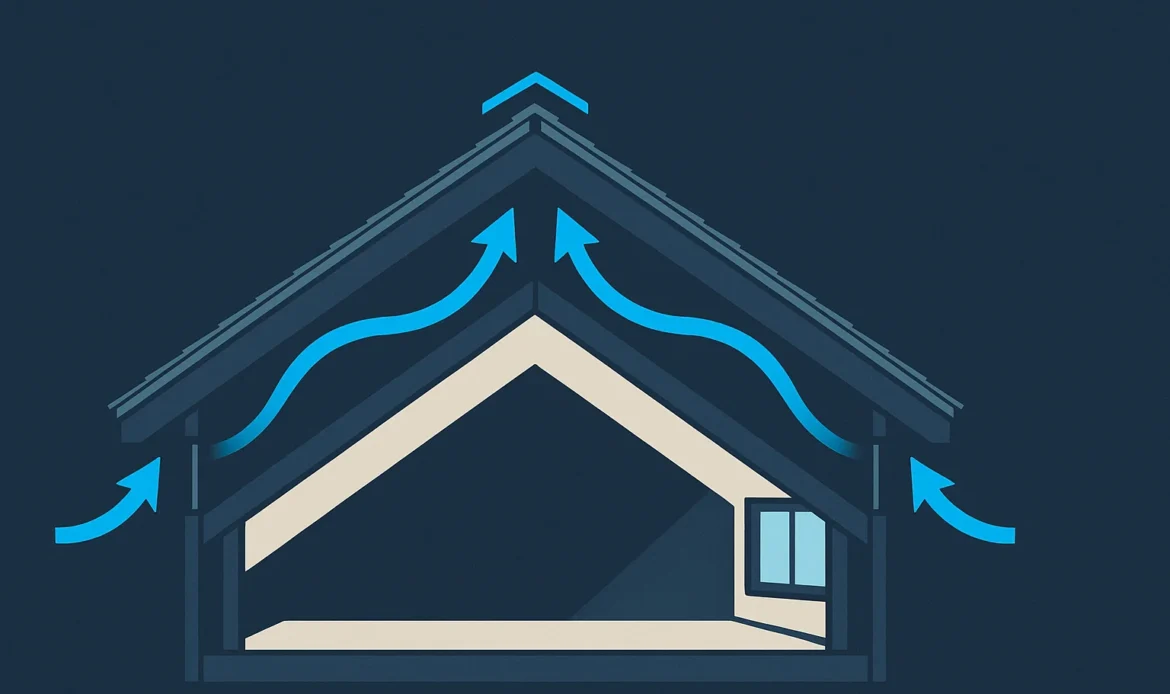 Illustration of an airflow diagram through an attic with balanced intake at the soffit and exhaust at the ridge.