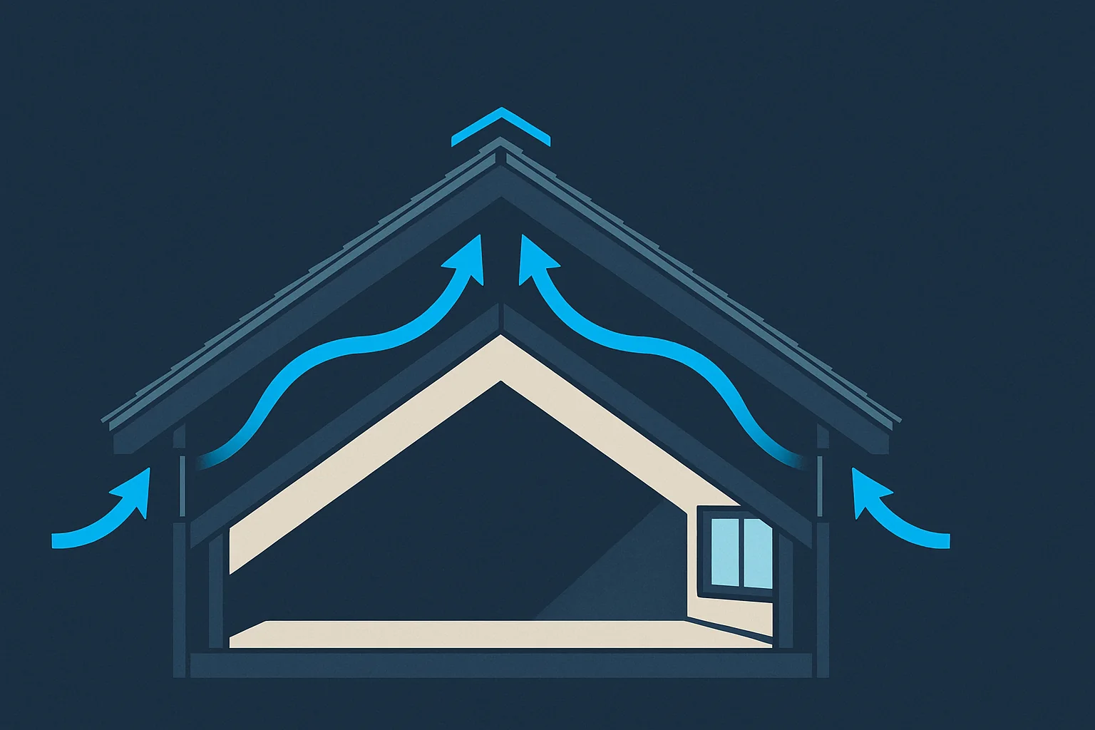 Illustration of an airflow diagram through an attic with balanced intake at the soffit and exhaust at the ridge.
