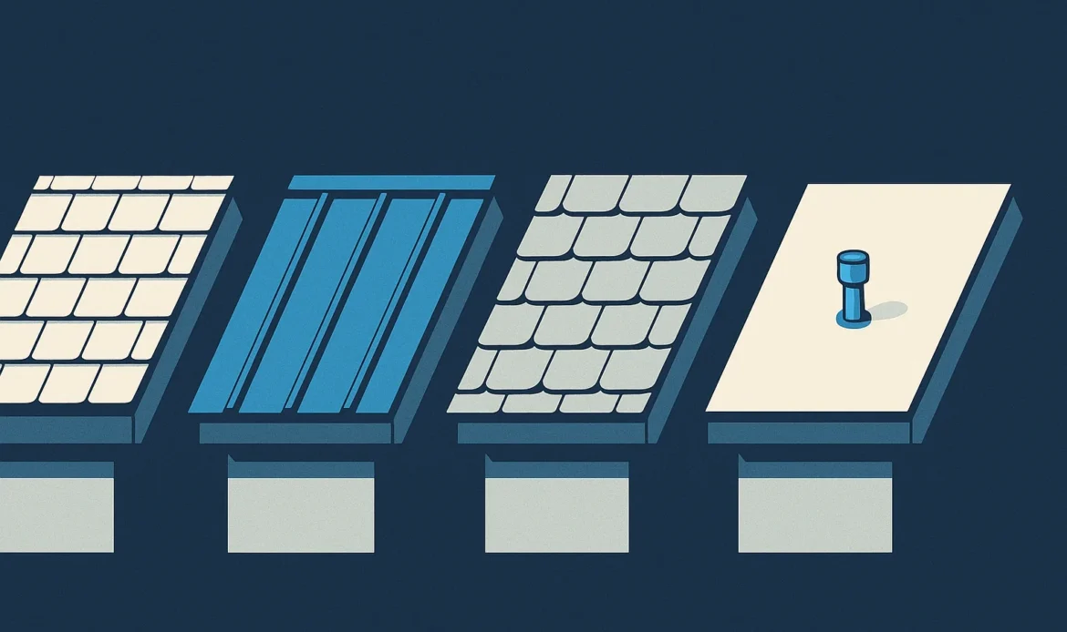 Illustration of four roofing samples arranged side by side, asphalt shingle, standing seam metal, synthetic slate, and flat membrane.