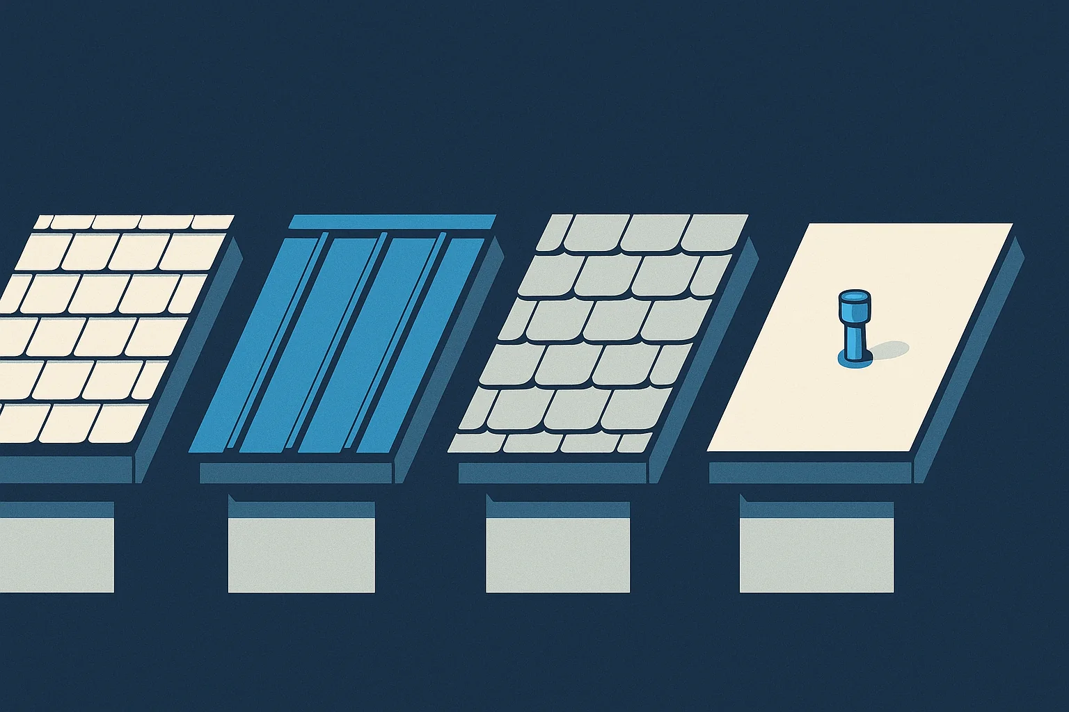 Illustration of four roofing samples arranged side by side, asphalt shingle, standing seam metal, synthetic slate, and flat membrane.