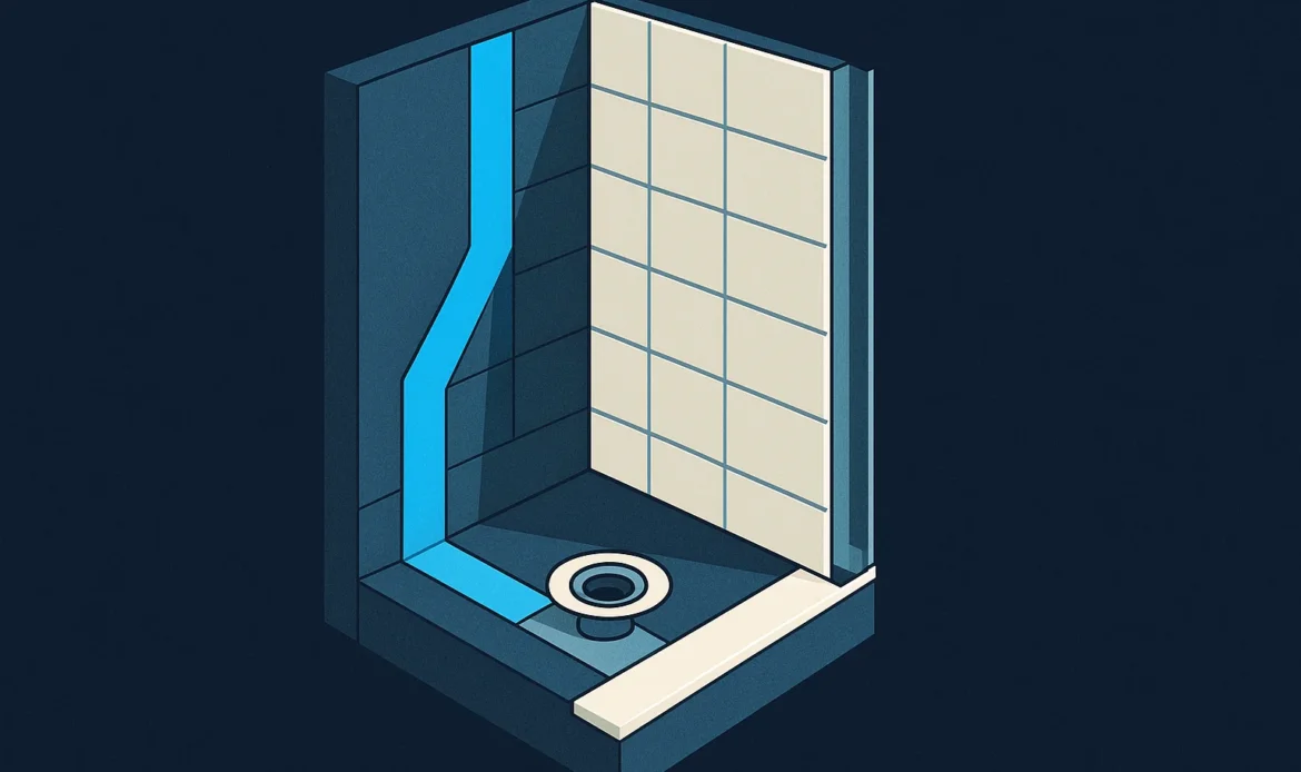 Illustration of a shower wall cutaway showing membrane, seams, curb, and drain assembly behind the tile.