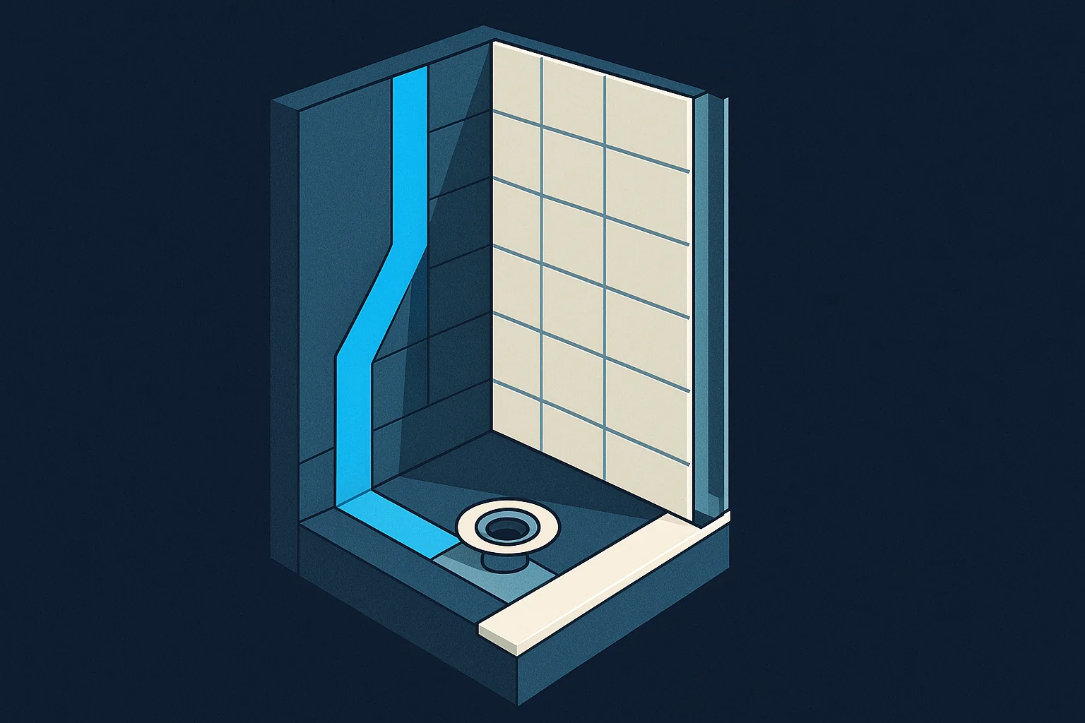 Illustration of a shower wall cutaway showing membrane, seams, curb, and drain assembly behind the tile.