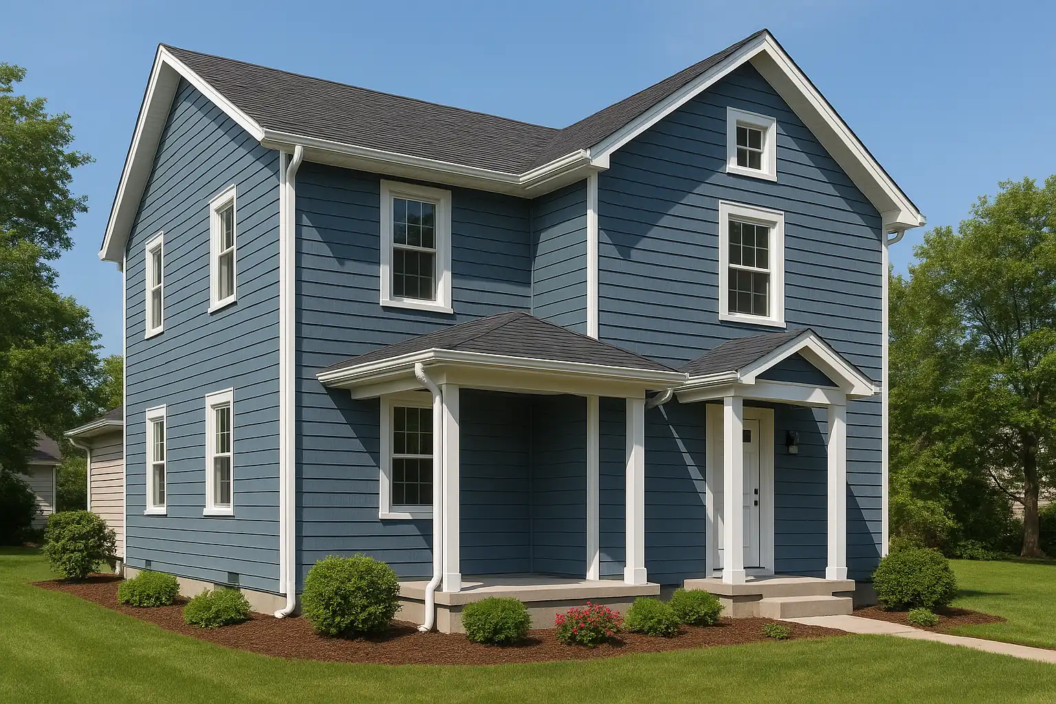 Two-story home with new slate-blue fiber cement siding, white trim, and seamless gutters