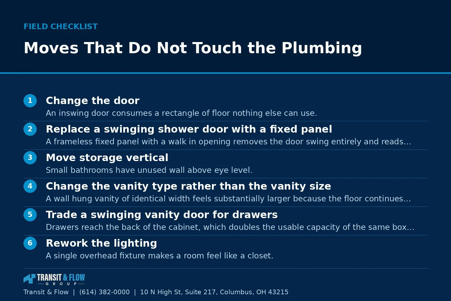 Checklist graphic summarizing Moves That Do Not Touch the Plumbing. - Transit & Flow Group Checklist graphic summarizing Moves That Do Not Touch the Plumbing.