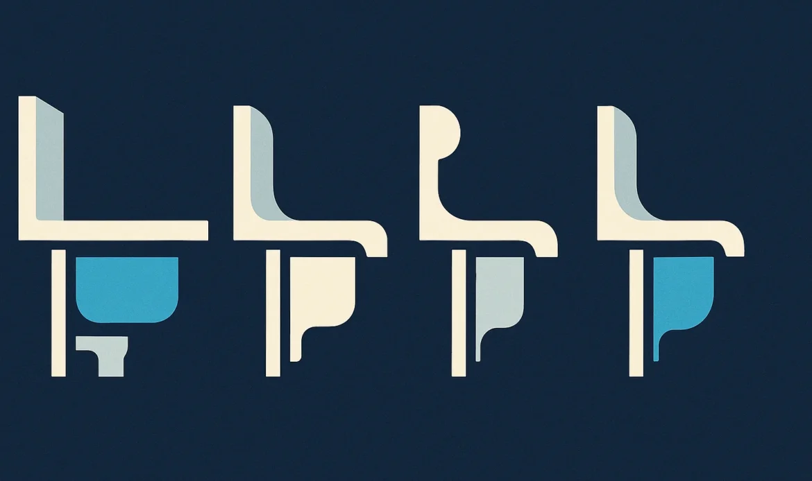 Illustration of three small bathroom plans showing alternate fixture arrangements.