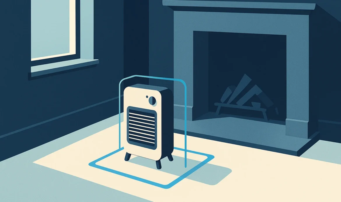 Illustration of a room corner showing a portable heater with a marked clearance zone beside a fireplace hearth.