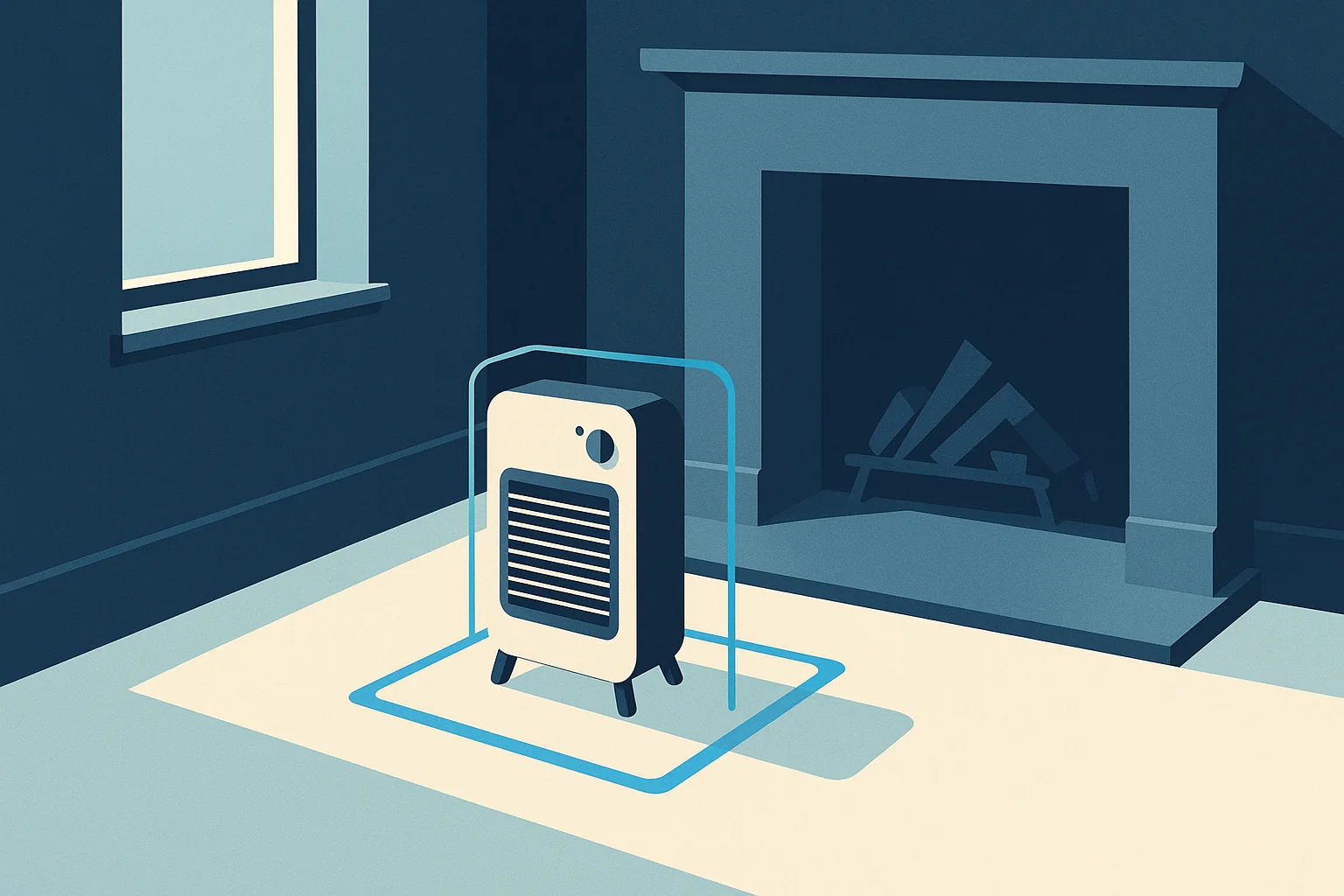 Illustration of a room corner showing a portable heater with a marked clearance zone beside a fireplace hearth.