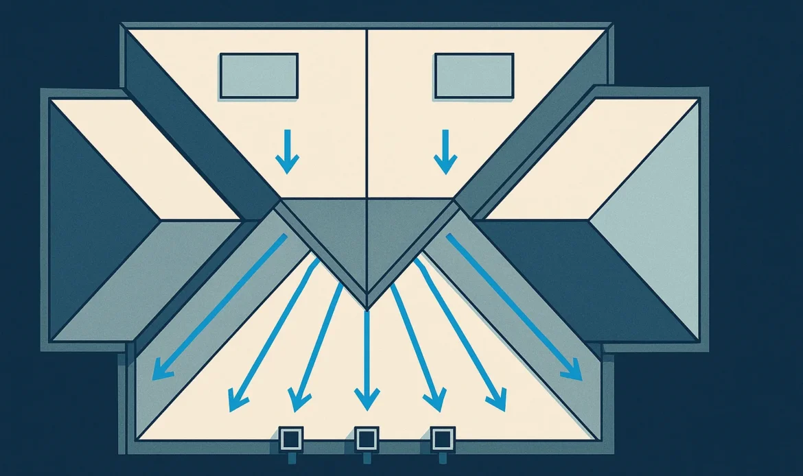 Illustration of a service entrance with a whole home surge device beside the main breaker under a storm sky.