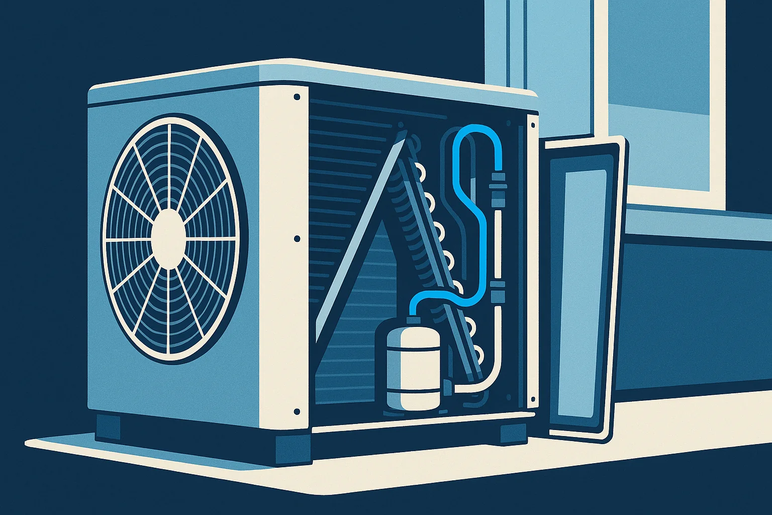 Illustration of an outdoor air conditioning unit with its access panel removed showing coils and refrigerant lines.