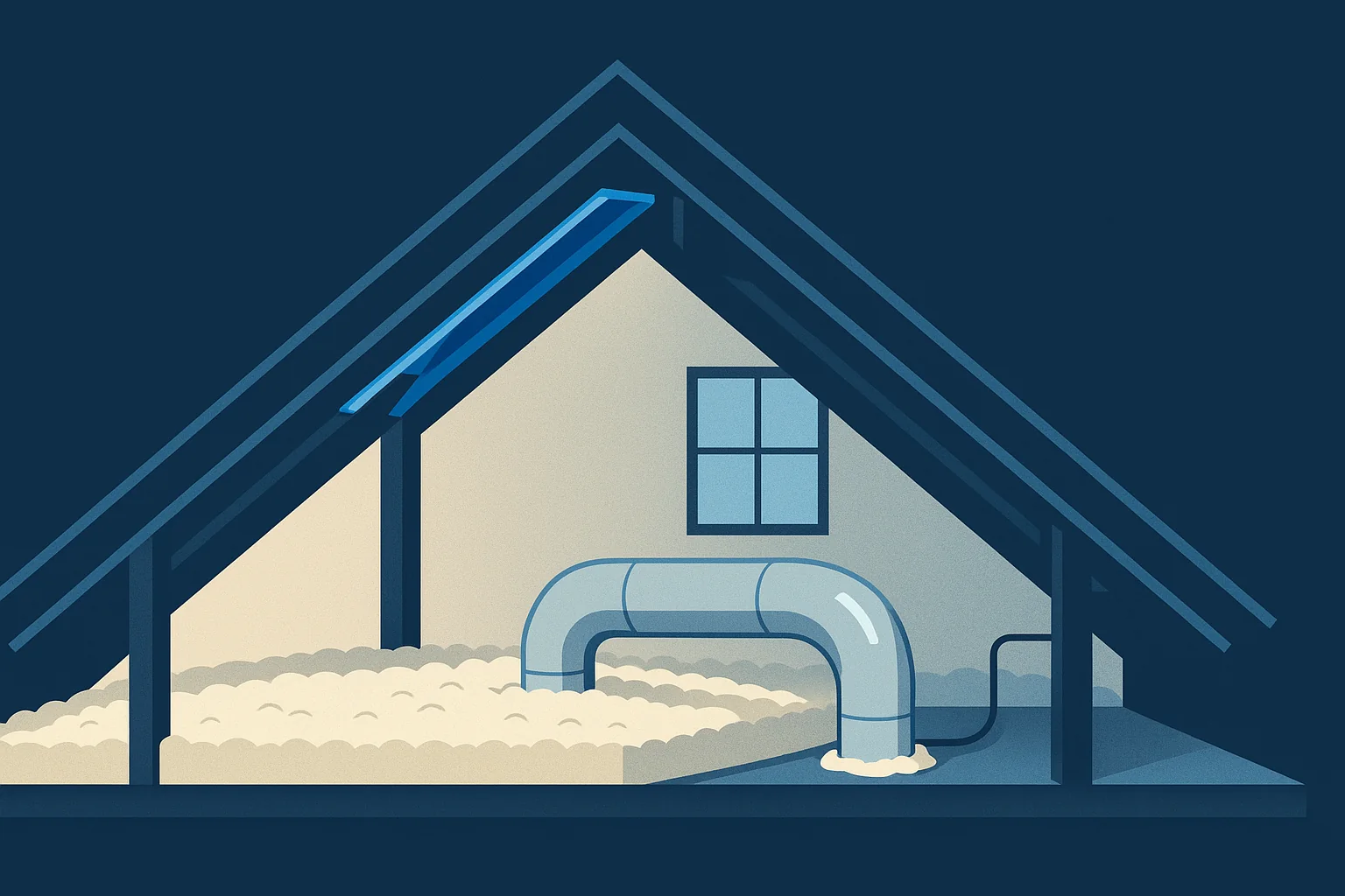 Illustration of a cutaway attic showing insulation, eave baffles, sealed ductwork, and foam-sealed wiring penetrations.