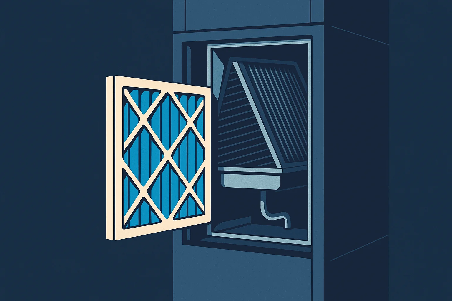 Illustration of a pleated filter sliding from an air handler cabinet with the evaporator coil and drain pan behind.