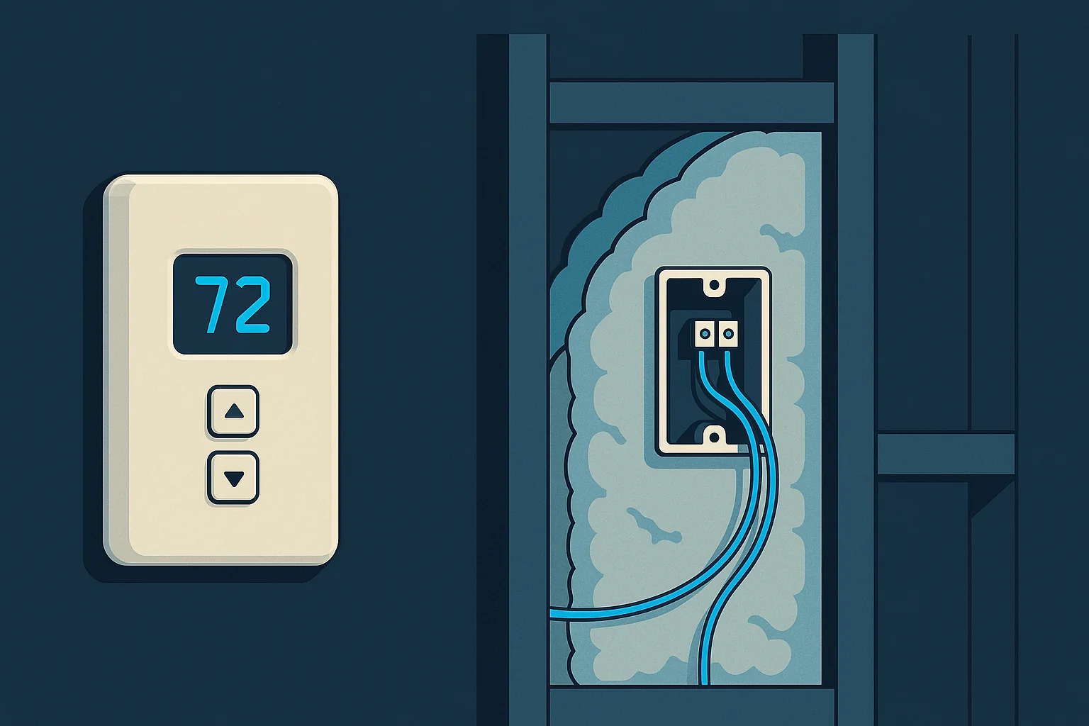 Illustration of a wall thermostat shown beside a cutaway stud bay with its low-voltage wiring and insulation.
