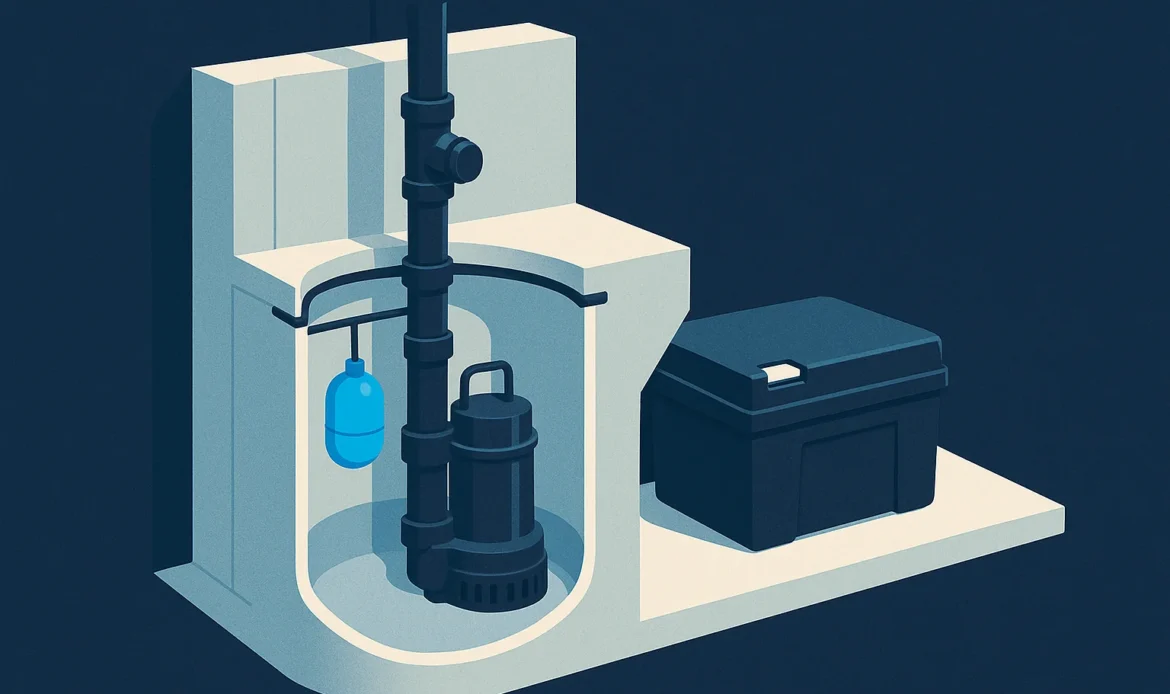 Illustration of a sump basin cutaway with the primary pump, float, check valve, and a battery backup unit.