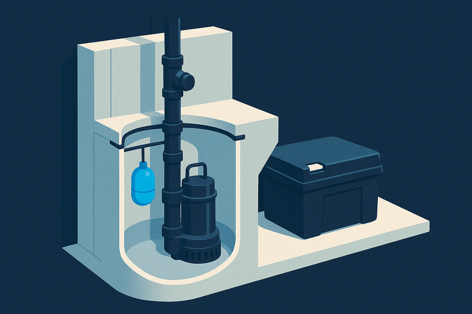 Illustration of a sump basin cutaway with the primary pump, float, check valve, and a battery backup unit.