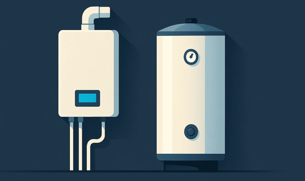 Illustration of a wall mounted tankless unit beside a floor standing tank shown at the same scale.