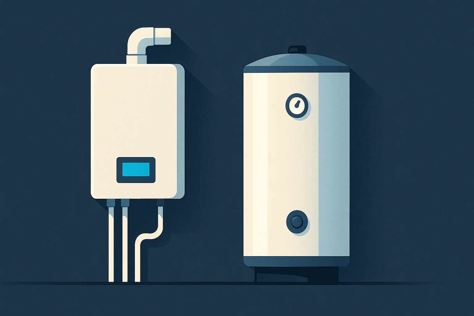 Illustration of a wall mounted tankless unit beside a floor standing tank shown at the same scale.