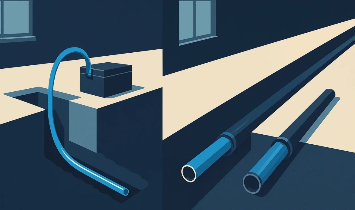 Illustration of a split comparison of a pipe lining operation through a small access pit and an open cut trench.