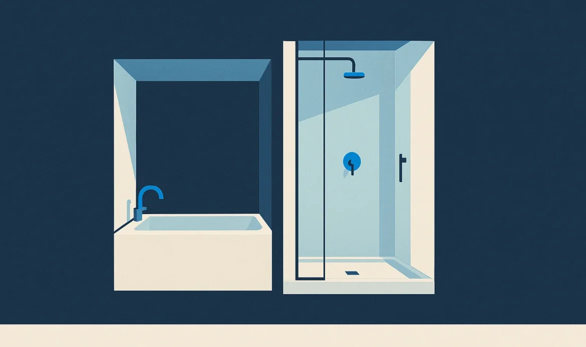 Illustration of one alcove shown as a tub on one side and a converted low curb shower on the other.