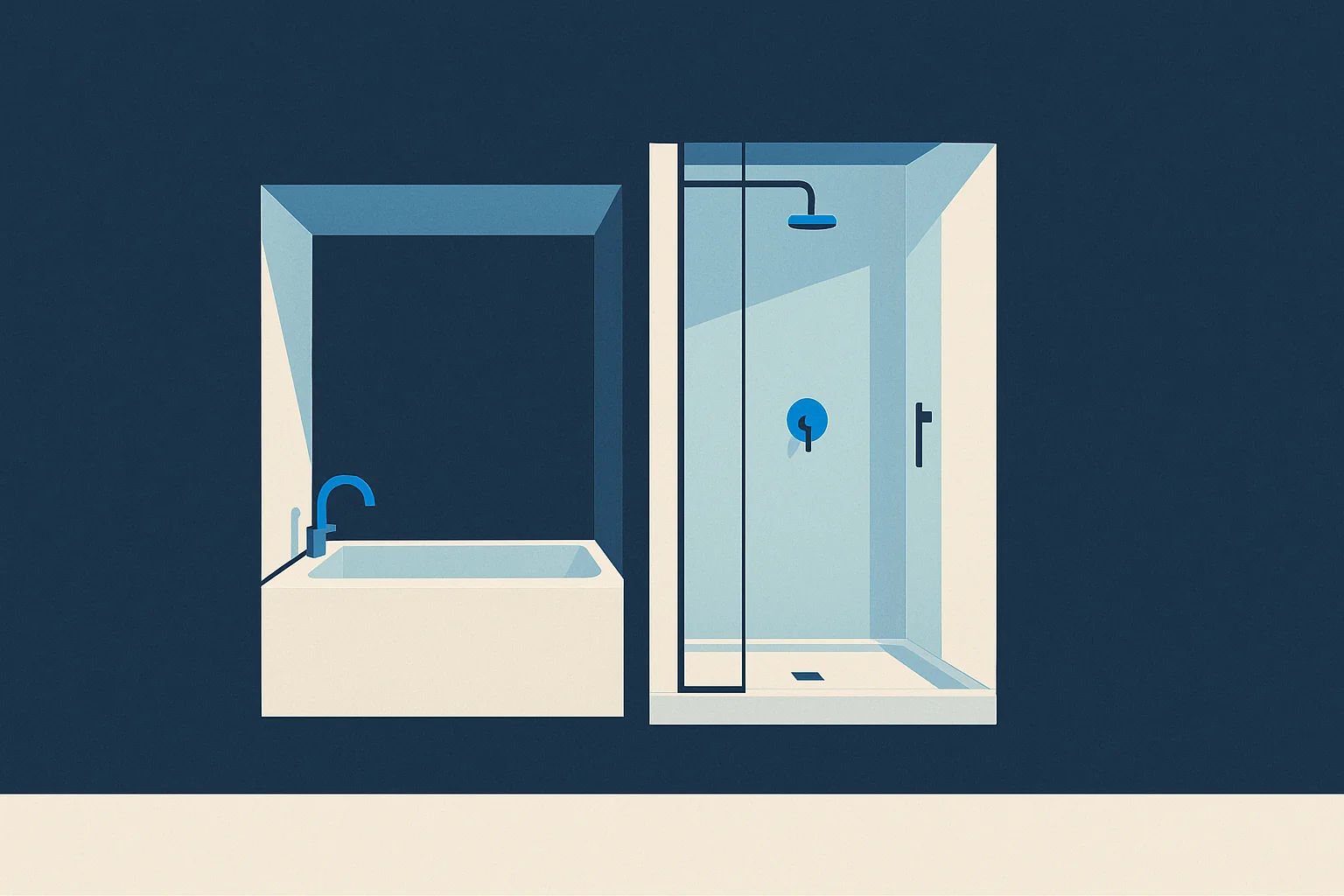 Illustration of one alcove shown as a tub on one side and a converted low curb shower on the other.