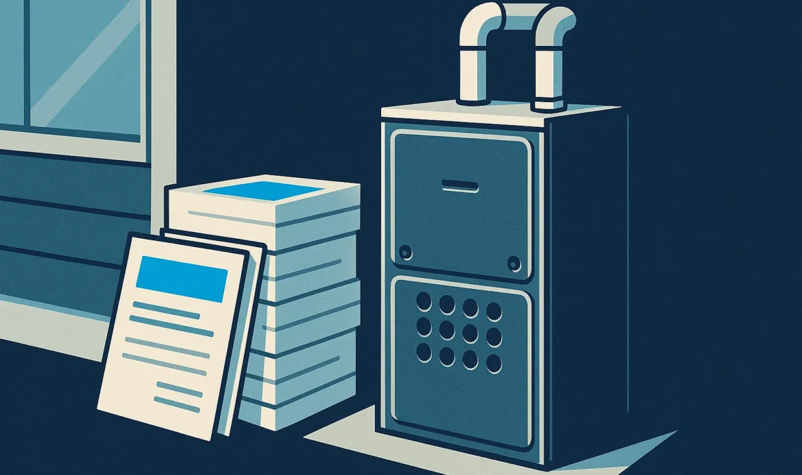 Illustration of stacked rebate document blocks beside a high efficiency furnace.