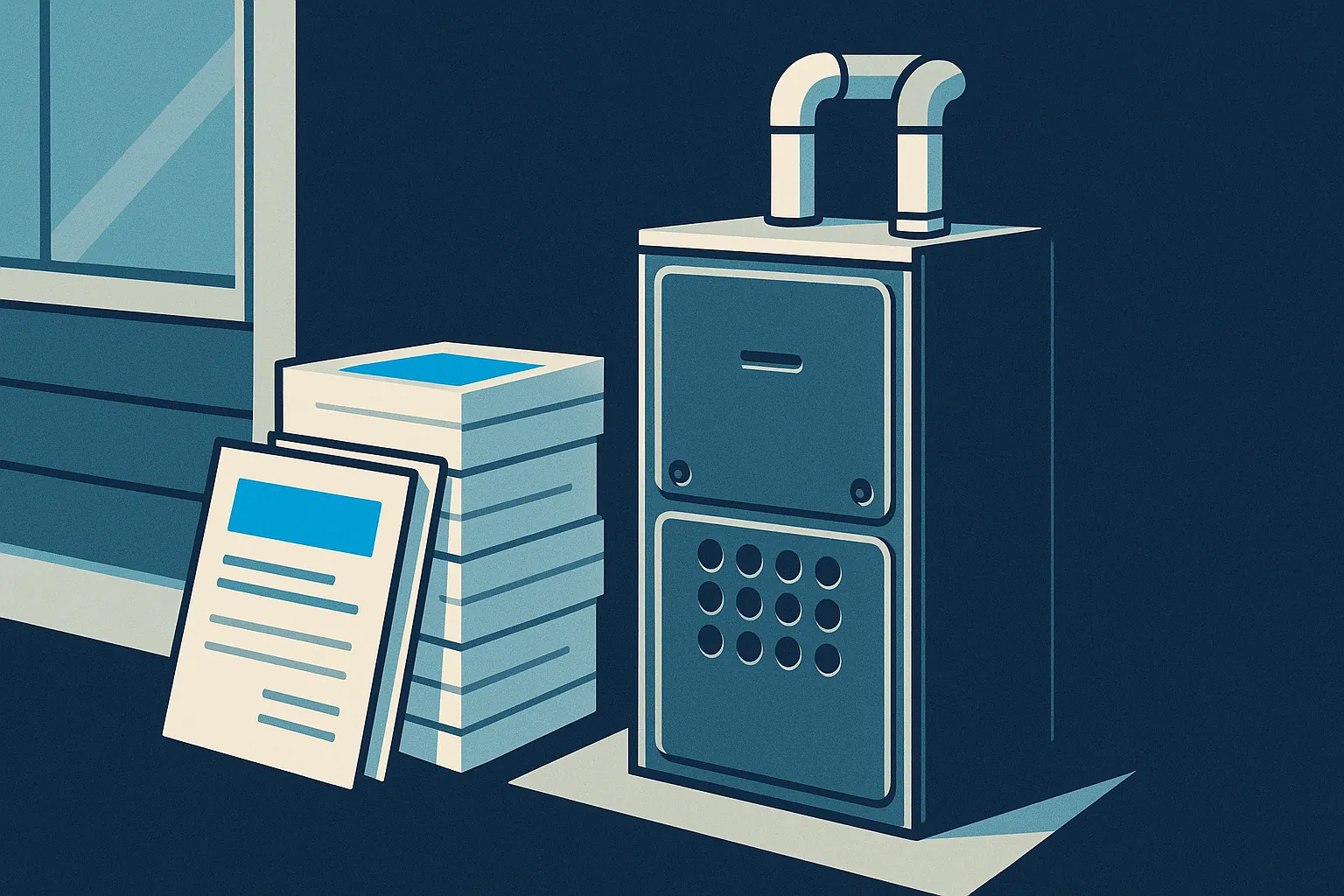 Illustration of stacked rebate document blocks beside a high efficiency furnace.