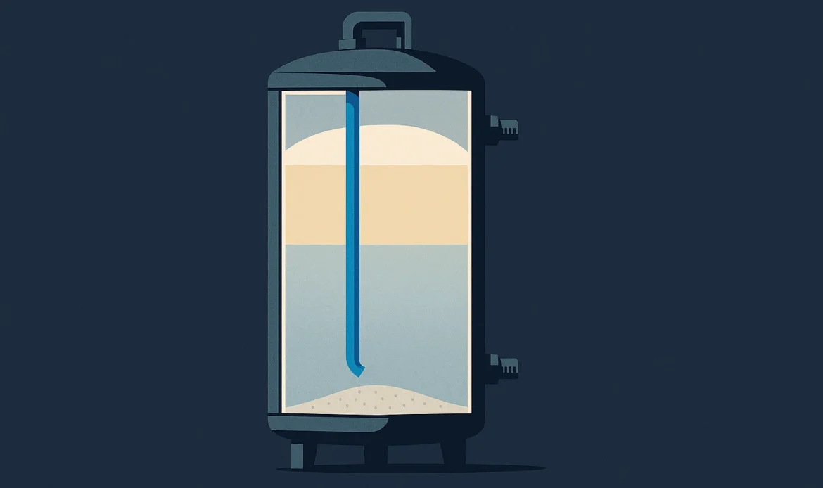 Illustration of a cutaway tank showing stratified hot and cold layers, the dip tube, and sediment at the base.