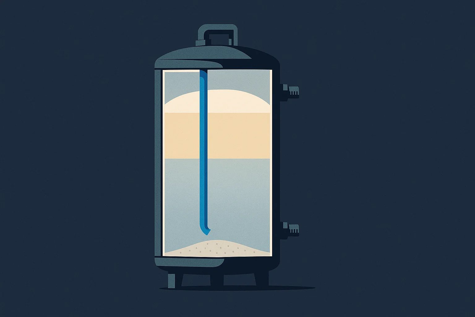 Illustration of a cutaway tank showing stratified hot and cold layers, the dip tube, and sediment at the base.